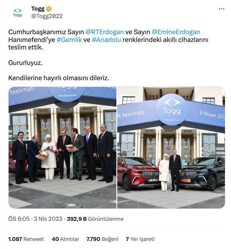 cumhurbaskani erdogan ve esi emine erdogan a ilk togg otomobiller teslim edildi